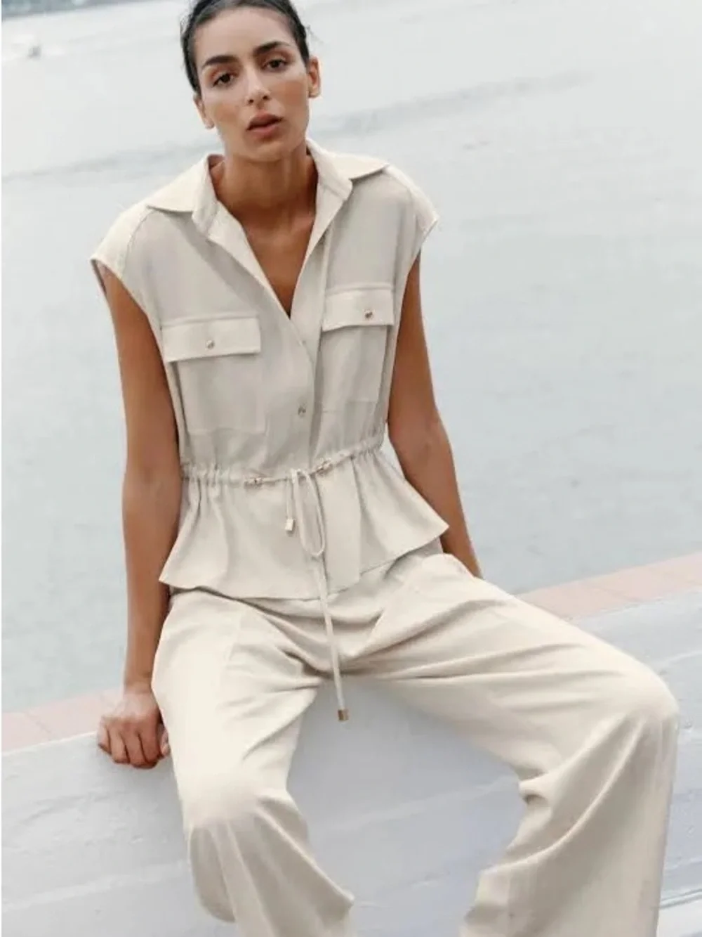 NWT Zara Linen Blend Summer Flowy Jumpsuit Sleeveless Drawstring Minimalist M